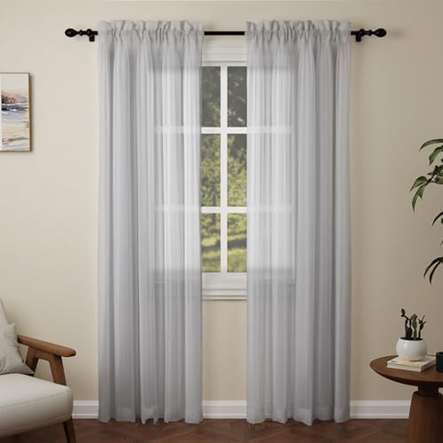 Pacok Voile Vorhänge Transparent Gardinen mit Kräuselband Wohnzimmer Modern,2er Set Lang Vorhang Durchsichtig Grau Rod Tasche für Schlafzimmer H245 x B150cm von Pacok