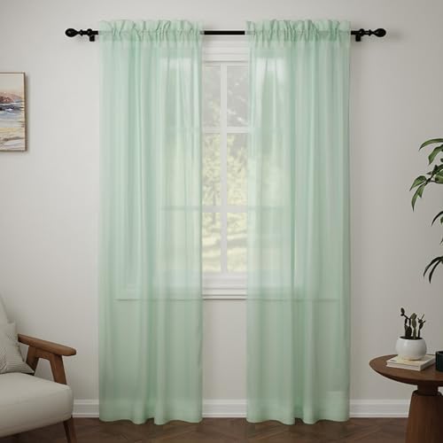 Pacok Voile Vorhänge Transparent Gardinen mit Kräuselband Wohnzimmer Modern,2er Set Lang Vorhang Durchsichtig Grün Rod Tasche für Schlafzimmer H225 x B150cm von Pacok