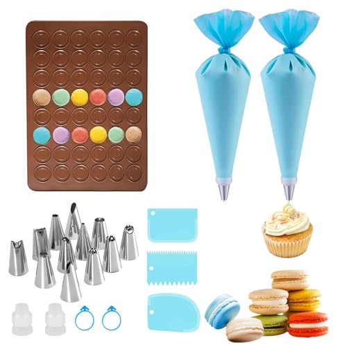 Backmatte Macarons Silikon Macarons Backmatte backset mit Spritzbeutel und 12 Spritztüllen Silikon Backmatte Macaron Groß Antihaftbeschichtet Silikon Backformen，für Makronen, Keksen（22 Stück） von PacuM