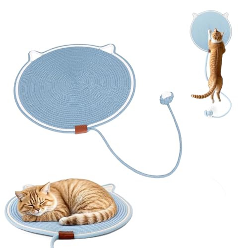 PacuM Kratzmatte Katze 43cm Kratzpappe für Katzen Kratzmatte Natürliches Baumwollseil Kratzteppich Katze mit Baumwollkugel Spielzeug Katzen Kratzpappe Katzenohr-Design für Bodenmatten Katzenbetten von PacuM