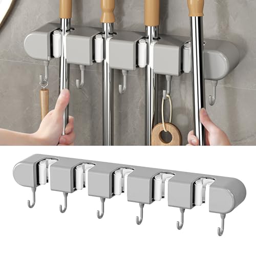 PacuM Grau Besenhalterung Wand Besenhalter & Gerätehalter Wand mit 5 Halterungen & 6 Haken Selbstklebend Gerätehalter Garage Werkzeughalter Wand Gerätehalter Wandhalterung，für Küchen, Bäder, Gärten von PacuM