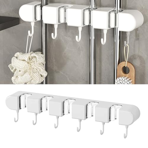 PacuM Weiß Besenhalterung Wand Besenhalter & Gerätehalter Wand mit 5 Halterungen & 6 Haken Selbstklebend Gerätehalter Garage Werkzeughalter Wand Gerätehalter Wandhalterung，für Küchen, Bäder, Gärten von PacuM