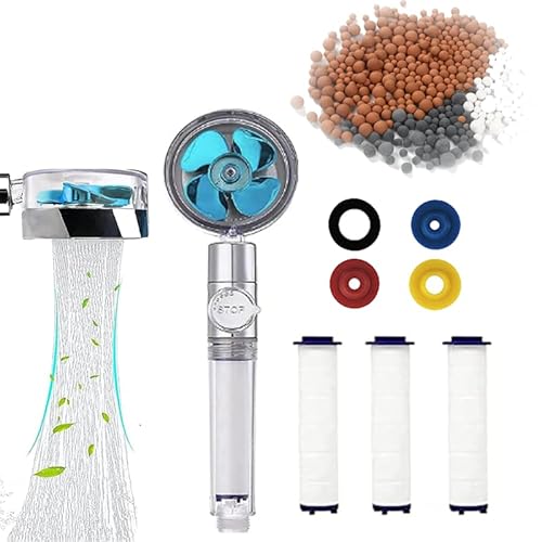 Wassersparender Propeller-Druckduschkopf um 360° Drehbarer Duschkopf Handbrause mit 3 Stück PP-Baumwolle 3 Anti-Kalkstein-Dichtungen1 Wassersparende 4-Farben-Dichtung zum Baden und Spa-Einsatz(Blau) von PacuM