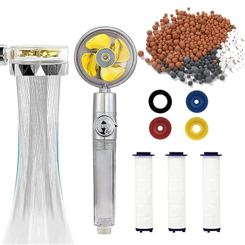 Wassersparender Propeller-Druckduschkopf um 360° Drehbarer Duschkopf Handbrause mit 3 Stück PP-Baumwolle 3 Anti-Kalkstein-Dichtungen1 Wassersparende 4-Farben-Dichtung zum Baden und Spa-Einsatz(Gelb) von PacuM