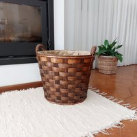 Runder Holzkorb/Großer Korb Kaminkorb Holzleistenkorb Geflochtener Boho Drahtkorb Geschenk Für Ihn von PadaWorks