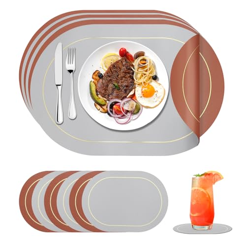 Leather Tischsets Platzsets Hitzebeständige rutschfest Platzdeckchen Double-Sided Waterproof Platzsets Abwaschbar and Coasters 6er Set Geeignet Haushalte Und Restaurants (45 cm, Braun) von Paerduo