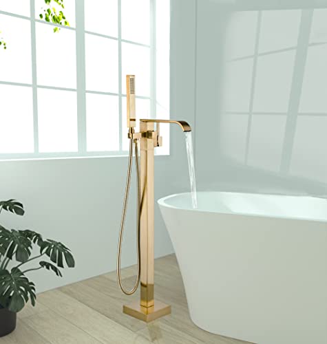 Freistehender Wanneneinfüller, Wasserhahn-Set, komplett gebürstetes Gold, Dusche, Bodenmontage, Wasserfall, 360 Grad drehbar, Stand-Mischbatterien für Badezimmer von Pafilly