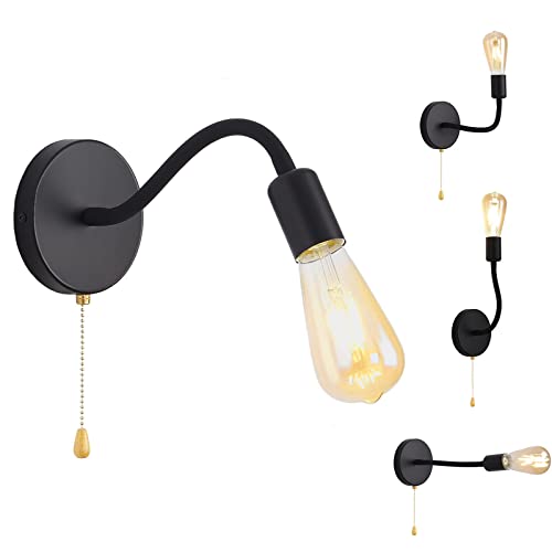 Wandlampe mit Schalter Vintage Innen Wandleuchte Schwarz Bett Leselampe, Flexibel Schwanenhals 360° Schwenkarm, E27-Fassung, Retro Industrial Wand-lampe, Wandspot für Flur Schlafzimmer Nachttisch von Pageone