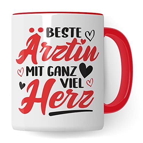 Ärztin Tasse, Beste Ärztin mit ganz viel Herz, Ärztin Geschenk Dankeschön Promotion Tasse schöner Spruch schönes Motiv Kaffeetasse Arzt Beruf, Geschenk für die besten Ärztin (Weiß/Rot) von Pagma Druck