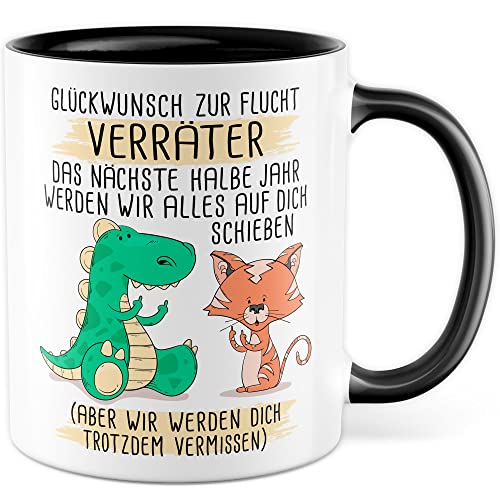 Abschied Tasse Abschiedsgeschenk Kaffeetasse Glückwunsch zur Flucht Spruch lustiger Kaffee-Becher Jobwechsel Kollege Kollegin Kündigung Ruhestand Geschenkidee Rente Geschenk Büro Arbeit (Weiß/Schwarz) von Pagma Druck