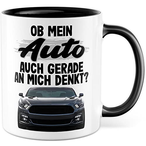 Auto Tasse personalisiert Geschenk, Ob mein Auto auch gerade an mich denkt? Kaffeetasse mit Spruch lustig eigenes Bild Kaffee-Becher Auto-Liebhaber Tuner Tuning Auto-Fan Kfz Pkw (Weiß/Schwarz) von Pagma Druck