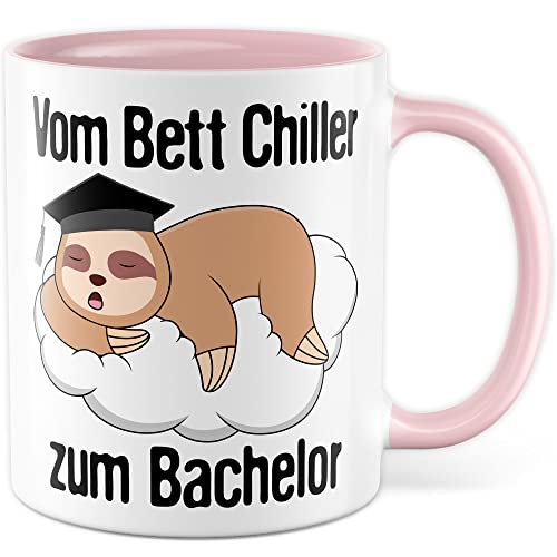 Bachelor Tasse Studenten Geschenk Humor Kaffeetasse mit lustigen Spruch Uni Kaffeebecher Studentin Geschenkidee Faultier Teetasse (Weiß & Pink) von Pagma Druck