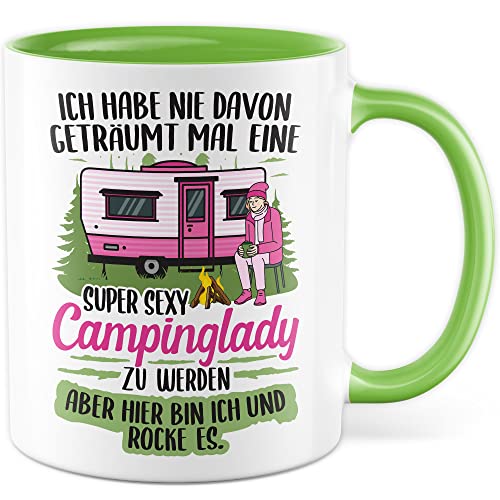 Becher Tasse Wohnmobil Wohnwagen Kaffeetasse Camping Geschenk Camperin Kaffee-Becher Geschenkidee Outdoorfans Zelten Abenteuer Reisen Spruch Humor Witz sexy Campinglady (Weiß/Grün) von Pagma Druck