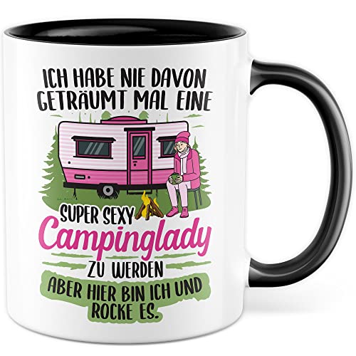 Becher Tasse Wohnmobil Wohnwagen Kaffeetasse Camping Geschenk Camperin Kaffee-Becher Geschenkidee Outdoorfans Zelten Abenteuer Reisen Spruch Humor Witz sexy Campinglady (Weiß/Schwarz) von Pagma Druck