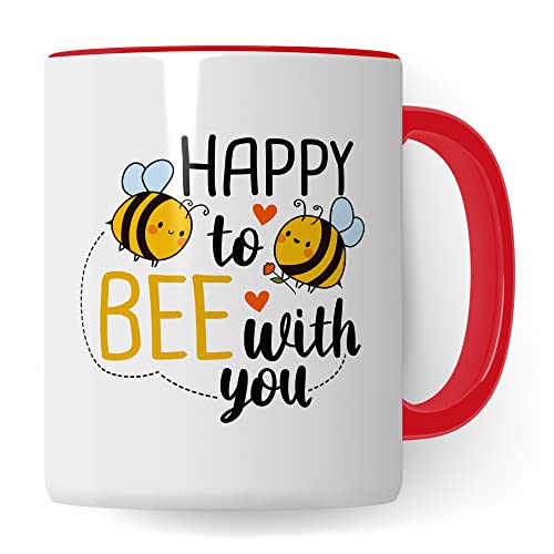 Bienen Tasse Happy to Bee with you Kaffeetasse Liebe Paar Geschenk Beziehung Geschenkidee Biene Mug Freunde Kaffee-Becher Freundschaft Witz Sarkasmus Wortwitz (Weiß/Rot) von Pagma Druck