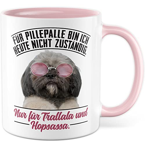 Büro Tasse mit Spruch lustige Kaffeetasse Arbeit Kaffee-Becher mit Witz Arbeitsplatz Job Geschenkidee Kollegen Humor Geschenk Kollegin Chef Kollege Pillepalle Hopsassa Trallala Tier Bild (Weiß/Rosa) von Pagma Druck