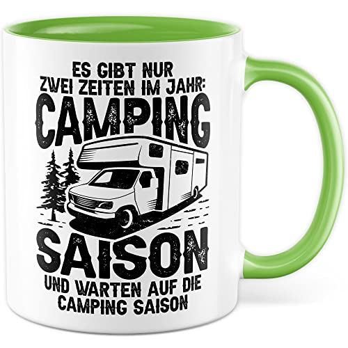 Camping Tasse Geschenk, Es gibt nur 2 Zeiten im Jahr: Camping Saison und warten auf Camping Saison Geschenkidee Kaffeetasse mit Spruch lustig Kaffee-Becher Campen Camper (Weiß/Grün) von Pagma Druck