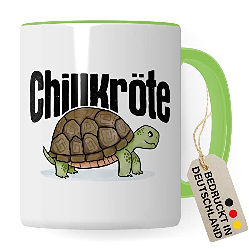 Chillkröte Tasse lustige Kaffeetasse mit Spruch Kaffee-Becher witzig Schildkröte Teetasse Humor Faulpelz Tasse (Weiß/Grün) von Pagma Druck