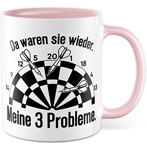 Dart Tasse Dartscheibe Geschenkidee Witz Kaffeetasse Morgen Geschenk für Dartspieler Kaffeebecher Dartpfeil Becher (Weiß & Pink) von Pagma Druck