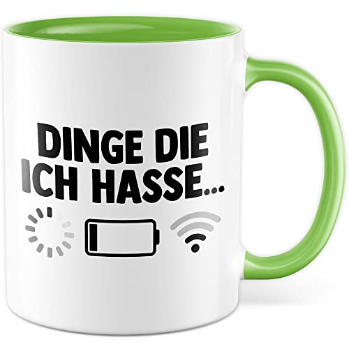 Dinge die ich hasse Tasse Schlechter Empfang Geschenkidee Kaffeetasse Wlan Akku Geschenk für Teenager Kaffeebecher Teen Becher (Weiß & Grün) von Pagma Druck