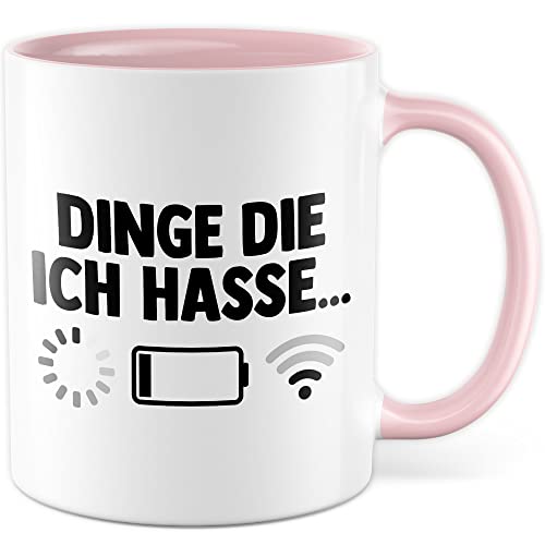 Dinge die ich hasse Tasse Schlechter Empfang Geschenkidee Kaffeetasse Wlan Akku Geschenk für Teenager Kaffeebecher Teen Becher (Weiß & Pink) von Pagma Druck