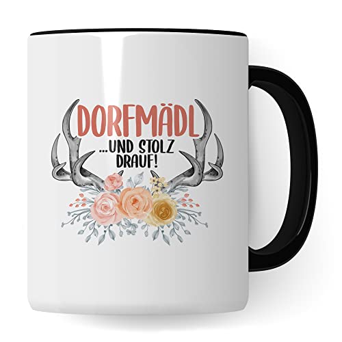 Dorfmädl Tasse Kaffetasse für Mädchen vom Dorf Dorfkind Frau Frauen Kaffee-Becher Dormadl Teetasse Dorfkind Geschenk Geschenkidee Landmädchen (Weiß/Schwarz) von Pagma Druck