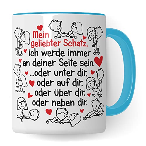 Ehemann Tasse Geschenk, Lieber Schatz ich werde immer an deiner Seite sein Geschenkidee von Ehefrau Kaffee-Becher Kaffeetasse mit Spruch Hochzeitstag Hochzeitsjubiläum Partner Freund (Weiß/Blau) von Pagma Druck