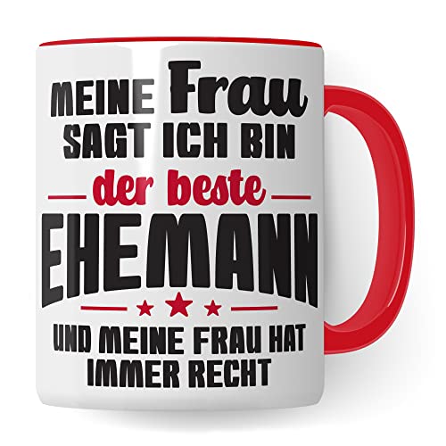 Ehemann Tasse Geschenk, Meine Frau sagt immer ich bin der beste Ehemann Geschenkidee Ehepartner Kaffee-Becher Kaffeetasse Tasse mit Spruch lustig Teetasse Ehe Hochzeit Witztasse (Weiß/Rot) von Pagma Druck