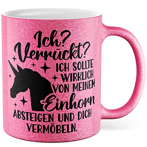 Einhorn Tasse lustig Humor Kaffeetasse fürs Büro Geschenkidee Kollegen Geschenk Weihnachten Geburtstag witzig Sarkasmus Kaffee-Becher mit Spruch Teetasse für die Arbeit Witz (Pink Glitzer) von Pagma Druck