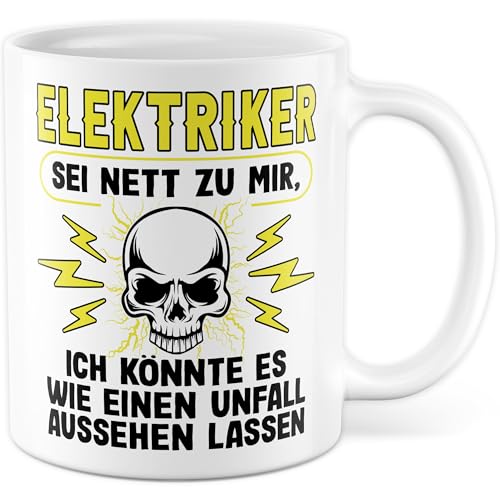 Elektriker Tasse mit Spruch - Geschenk Elektriker Sei nett zu mir, ich könnte es wie ein Unfall aussehen lassen - Kaffeetasse aus Keramik 330ml - Handwerker Geselle Kollege Baustelle Kaffee-Becher von Pagma Druck