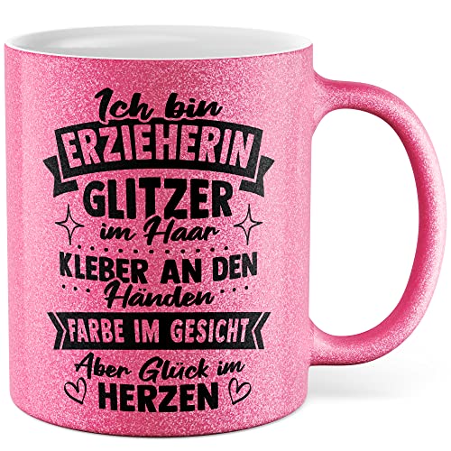 Erzieherin Tasse Geschenk Ich bin Erzieherin - Glitzer im Haar - Kleber an den Händen Geschenkidee Kindergärtnerin Kaffeetasse mit Spruch lustig Kaffee-Becher Kindergarten Kinderheim (Rosa Glitzer) von Pagma Druck