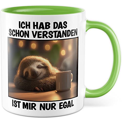 Faultier Tasse Ist mir Egal Geschenk Humor Kaffeetasse mit lustigen Spruch Büro Kaffeebecher Kollegin Geschenkidee Optimisten Teetasse (Weiß & Grün) von Pagma Druck