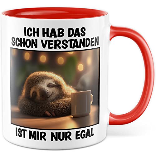 Faultier Tasse Ist mir Egal Geschenk Humor Kaffeetasse mit lustigen Spruch Büro Kaffeebecher Kollegin Geschenkidee Optimisten Teetasse (Weiß & Rot) von Pagma Druck