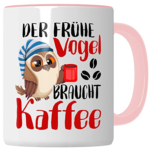 Früher Vogel Tasse lustig Kaffeetasse mit Spruch Kaffee-Becher Moorgenmuffel Humor Geschenk Geschenkidee Der frühe Vogel braucht Kaffee Witz Langschläfer Büro Tasse (Weiß/Pink) von Pagma Druck