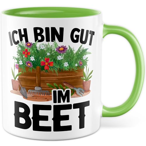 Gärtner Tasse mit Spruch -Geschenk Ich bin gut im Beet - Kaffeetasse 330ml aus Keramik - lustig Hobbygärtner Garten Humor Geschenkidee Männer Papa Pflanzen Kaffee-Becher (Weiß/Grün) von Pagma Druck