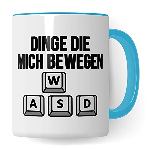 Gaming Tasse, Dinge die mich bewegen Kaffeetasse für Gamer Zocker Computerspieler Kaffee-Becher Geschenk Geschenkidee Nerd Teetasse mit Spruch lustig Gaming-Fans Computer-Spiele zocken (Weiß/Blau) von Pagma Druck