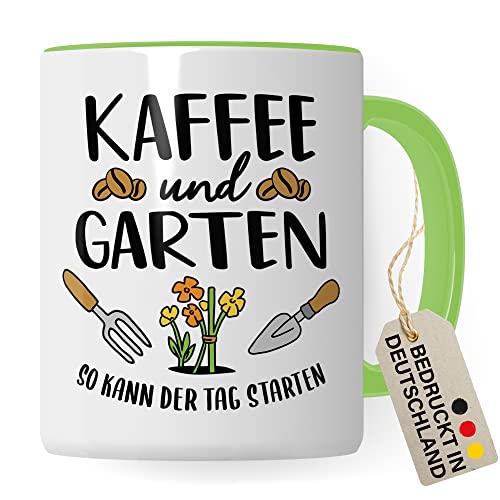 Garten Tasse, Kaffee & Garten - So kann der Tag starten, Geschenk Garten-Motiv Gärtner Kaffeetasse von Pagma Druck