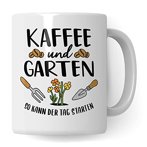 Garten Tasse, Kaffee & Garten - So kann der Tag starten, Geschenk Garten-Motiv Kaffeetasse Kaffee-Tasse Hobby-Gärtner Hobby-Gärtnerin, Pflanzen-Motiv Kaffee-Liebhaber Geschenkidee Kaffeebecher (Weiß) von Pagma Druck