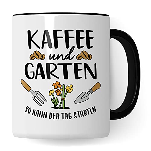 Garten Tasse, Kaffee & Garten - So kann der Tag starten, Geschenk Garten-Motiv Kaffeetasse Kaffee-Tasse Hobby-Gärtner Hobby-Gärtnerin, Pflanzen-Motiv Kaffee-Liebhaber Geschenkidee Kaffeebecher schwarz von Pagma Druck