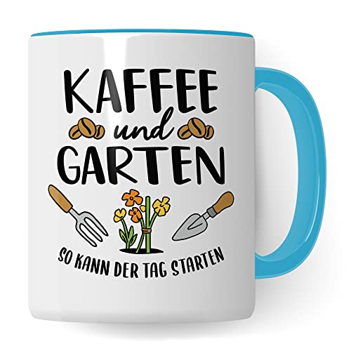 Garten Tasse, Kaffee & Garten - So kann der Tag starten, Geschenk Garten-Motiv Kaffeetasse Kaffee-Tasse Hobby-Gärtner Hobby-Gärtnerin, Pflanzen-Motiv Kaffee-Liebhaber Geschenkidee Kaffeebecher blau von Pagma Druck