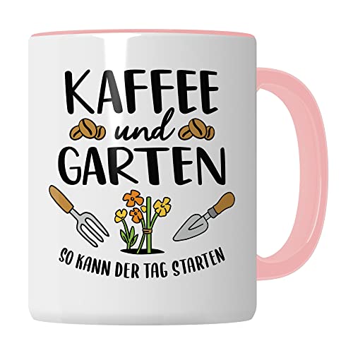 Garten Tasse, Kaffee & Garten - So kann der Tag starten, Geschenk Garten-Motiv Kaffeetasse Kaffee-Tasse Hobby-Gärtner Hobby-Gärtnerin, Pflanzen-Motiv Kaffee-Liebhaber Geschenkidee Kaffeebecher pink von Pagma Druck