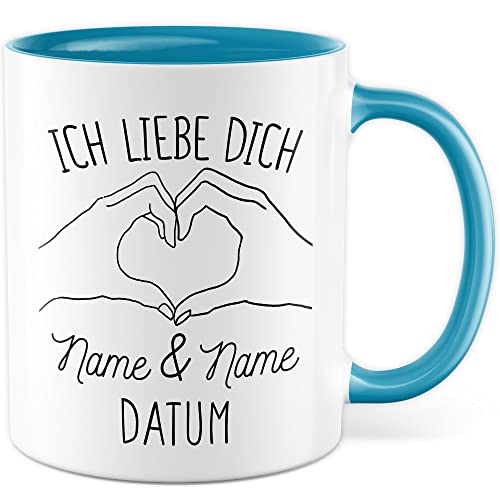 Geschenk Valentinstag Tasse, Ich liebe dich - Name (personalisiert) & Name - Datum Kaffeetasse mit Spruch persönlich anpassbar Kaffee-Becher Geschenkidee Freund Freundin Partner Partnerin (Weiß/Blau) von Pagma Druck