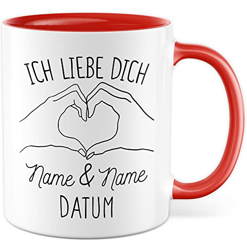 Geschenk Valentinstag Tasse, Ich liebe dich - Name (personalisiert) & Name - Datum Kaffeetasse mit Spruch persönlich anpassbar Kaffee-Becher Geschenkidee Freund Freundin Partner Partnerin (Weiß/Rot) von Pagma Druck