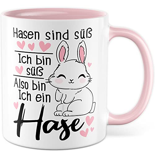 Hasen Tasse mit Spruch lustig Kaffeetasse mit Tier Witz Kaninchen Kaffee-Becher Häschen Humor Geschenk Hasen sind süß Ich bin süß Spruch Teetasse Haustier Feldhase Langohr Halter (Pink) von Pagma Druck