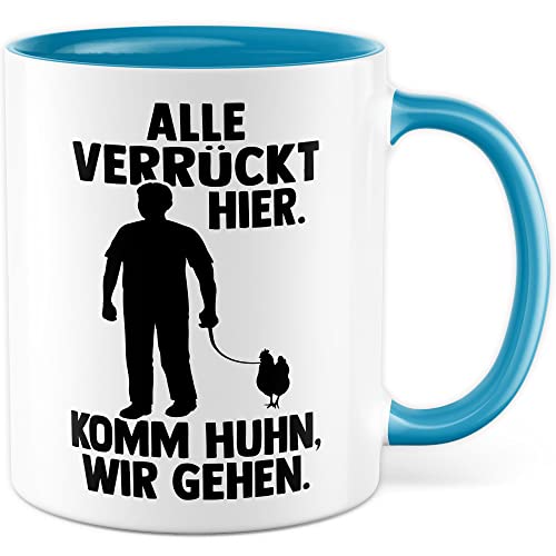 Huhn Tasse Hühner Geschenkidee Kaffeetasse Henne Geschenk für Hühner-Besitzer Kaffeebecher Hahn Becher (Weiß & Blau) von Pagma Druck