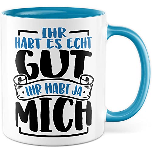 Humor Tasse Freunde Geschenkidee Kaffeetasse Ironie Geschenk für Kollegen Kaffeebecher Witz Becher (Weiß & Blau) von Pagma Druck