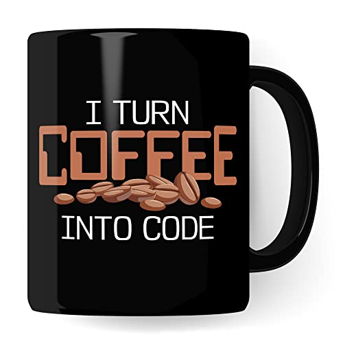 Informatik Geschenk Tasse, I turn Coffee into Code Geschenkidee für Informatiker Kaffee-Becher Informatikerin Programmieren Kaffeetasse mit Spruch lustig Coding (Schwarz) von Pagma Druck