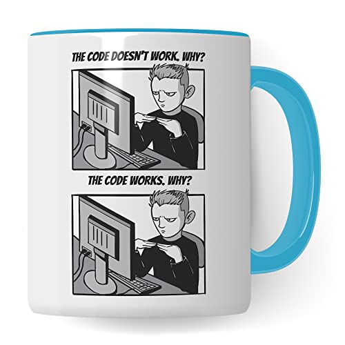 Informatik Geschenk Tasse, The Code doesn´t work - Why? Geschenkidee für Programmierer Kaffee-Becher Informatiker Programmieren Teetasse mit Spruch lustig (Weiß/Blau) von Pagma Druck