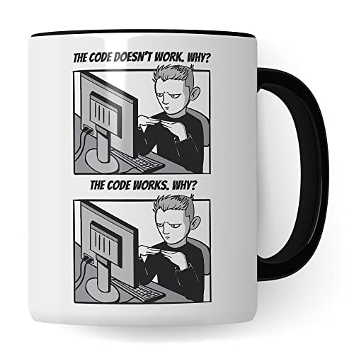 Informatik Geschenk Tasse, The Code doesn´t work - Why? Geschenkidee für Programmierer Kaffee-Becher Informatiker Programmieren Teetasse mit Spruch lustig (Weiß/Schwarz) von Pagma Druck