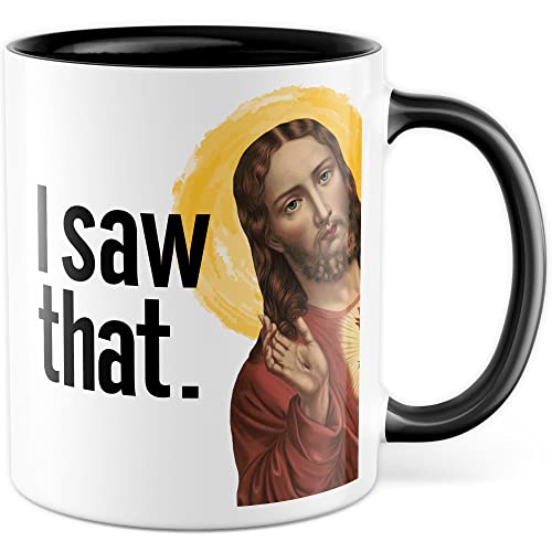 Jesus Tasse Meme Geschenkidee HUmor Kaffeetasse mit lustigen Spruch Geschenk für Kollege Kaffeebecher Christus Peeking Becher (Weiß & Schwarz) von Pagma Druck